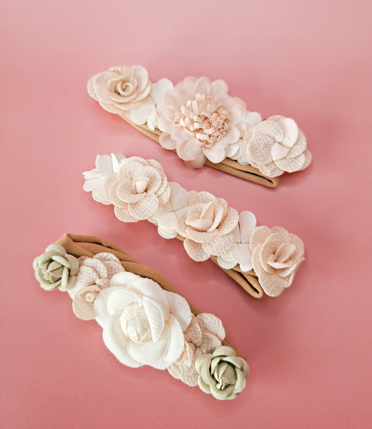 Floral White/Beige Headband Set 3 piece